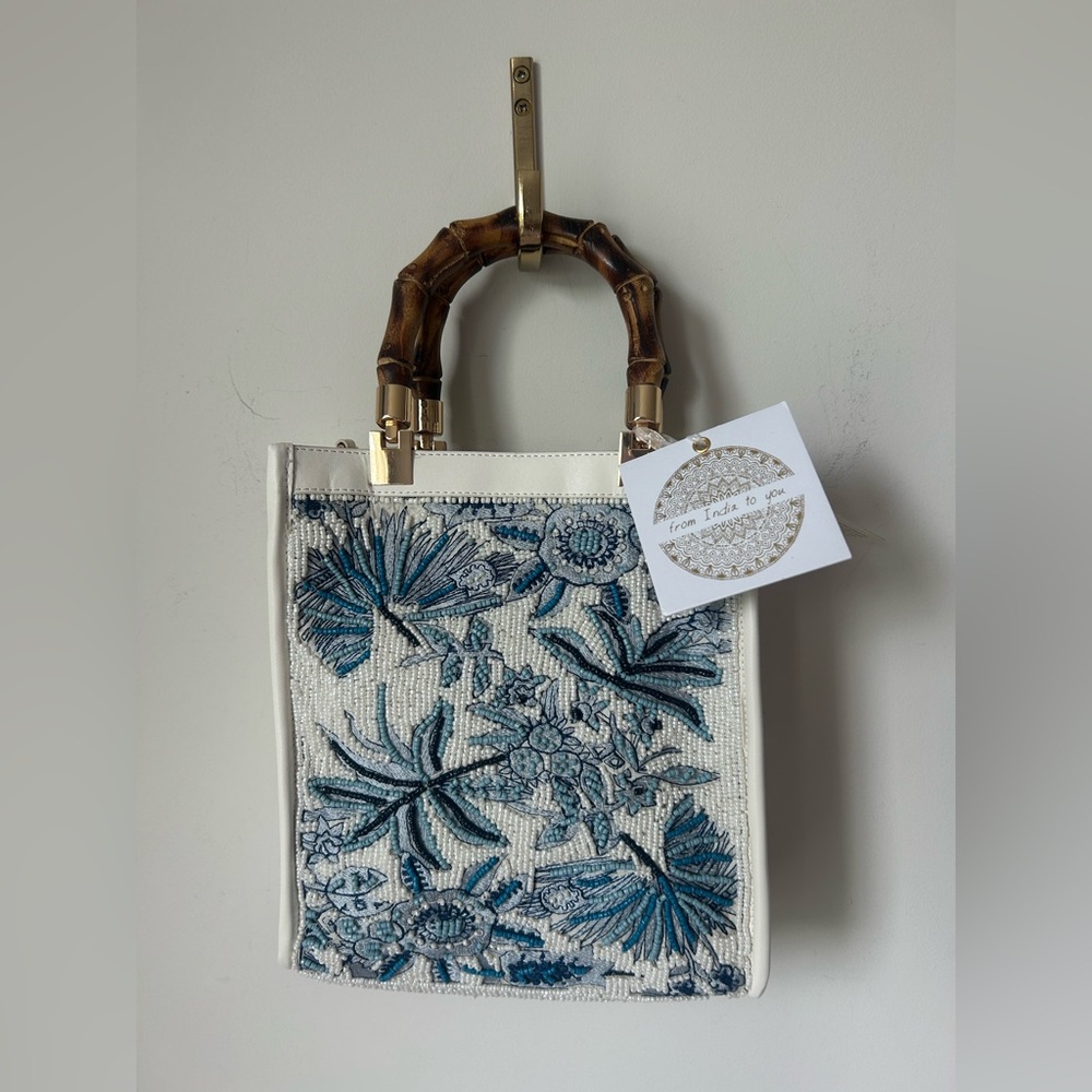 Viral beaded Blue White Floral Tote Bag with Bamboo Handles